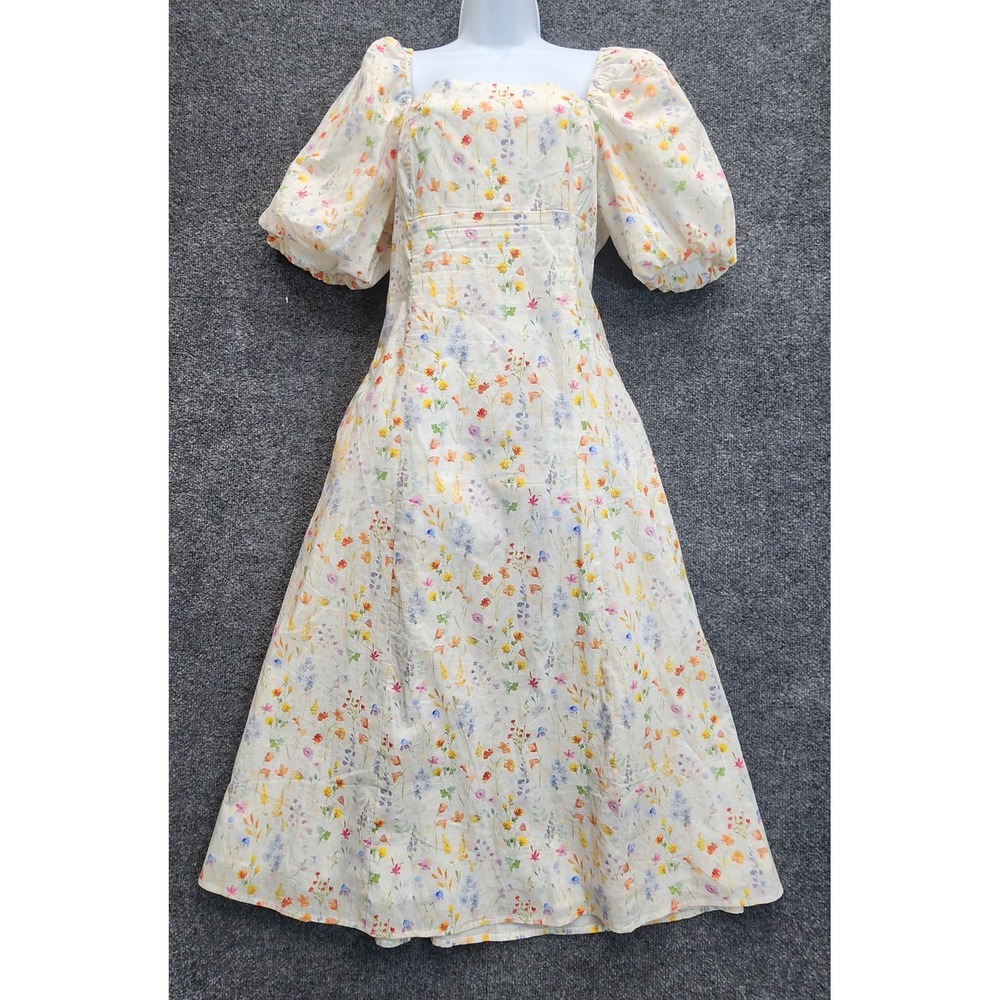 Bohme Women Wildflower Puff Sleeve Cottagecore Prairie Cotton Midi Dress XL